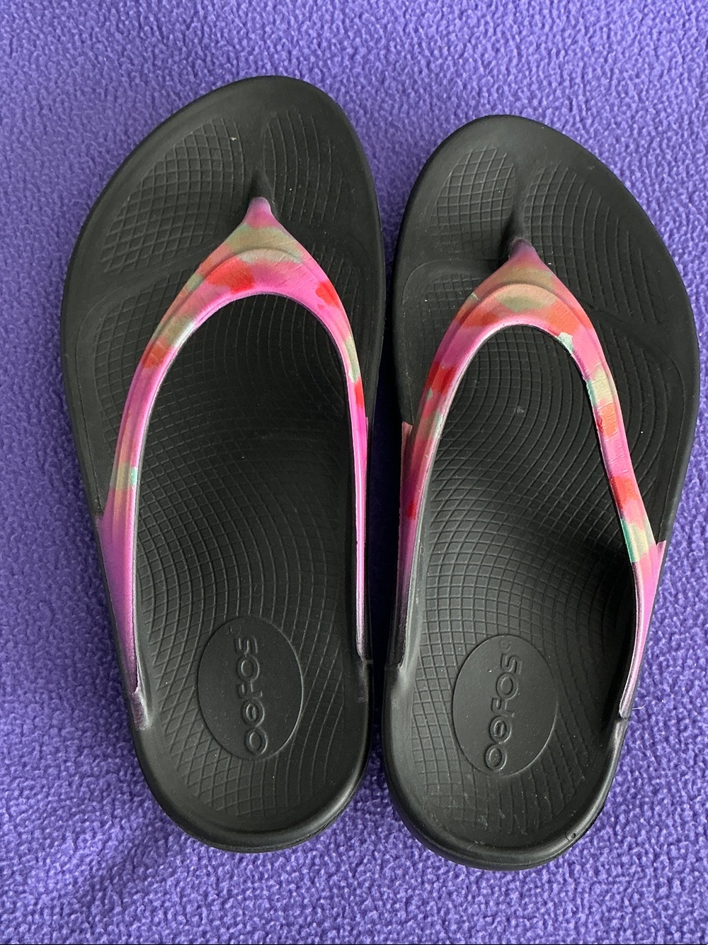 OOFOS Black Flip Flops with Pink Floral Straps